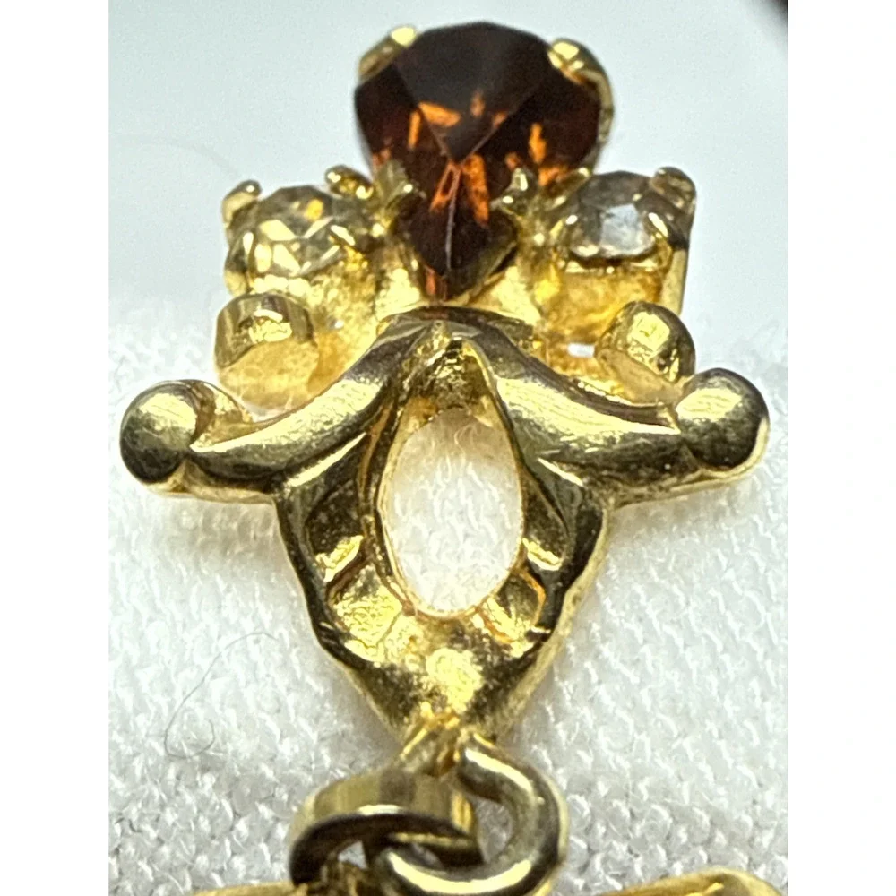 Vintage Austria Clip On Earrings Dangle Rhinestone Clear Brown Angel